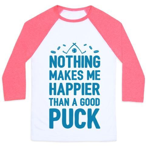 Virgin Teez  Baseball Tee Unisex Classic Baseball Tee / x-small / White/Neon Pink NOTHING MAKES ME HAPPIER THAN A GOOD PUCK UNISEX CLASSIC BASEBALL TEE