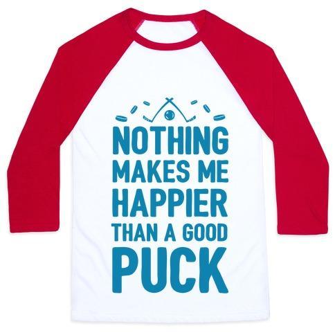 Virgin Teez  Baseball Tee Unisex Classic Baseball Tee / x-small / White/Red NOTHING MAKES ME HAPPIER THAN A GOOD PUCK UNISEX CLASSIC BASEBALL TEE