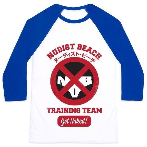 Virgin Teez  Baseball Tee Unisex Classic Baseball Tee / x-small / White/Blue NUDIST BEACH TRAINING TEAM UNISEX CLASSIC BASEBALL TEE