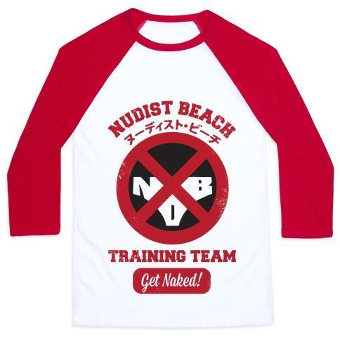 Virgin Teez  Baseball Tee Unisex Classic Baseball Tee / x-small / White/Red NUDIST BEACH TRAINING TEAM UNISEX CLASSIC BASEBALL TEE