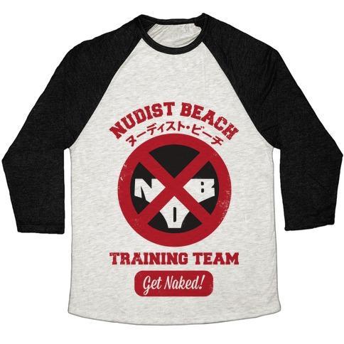 Virgin Teez  Baseball Tee Unisex Tri-Blend Baseball Tee / small / Oatmeal / Black NUDIST BEACH TRAINING TEAM UNISEX TRI-BLEND BASEBALL TEE