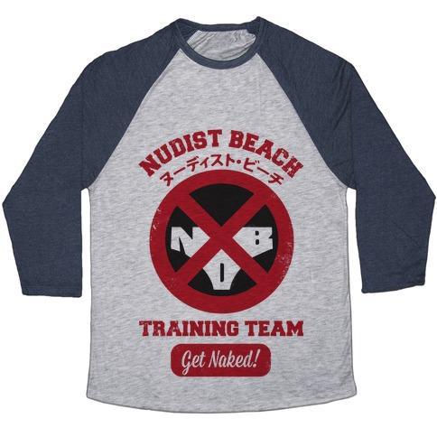 Virgin Teez  Baseball Tee Unisex Tri-Blend Baseball Tee / small / Athletic Gray / Navy NUDIST BEACH TRAINING TEAM UNISEX TRI-BLEND BASEBALL TEE