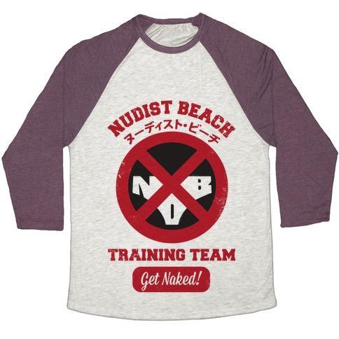 Virgin Teez  Baseball Tee Unisex Tri-Blend Baseball Tee / small / Oatmeal / Maroon NUDIST BEACH TRAINING TEAM UNISEX TRI-BLEND BASEBALL TEE