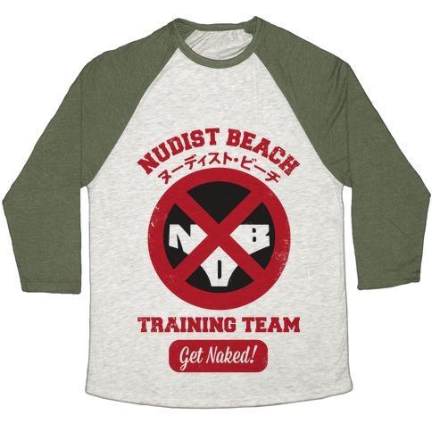 Virgin Teez  Baseball Tee Unisex Tri-Blend Baseball Tee / small / Oatmeal / Moss NUDIST BEACH TRAINING TEAM UNISEX TRI-BLEND BASEBALL TEE