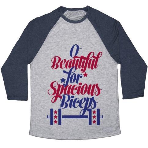 Virgin Teez  Baseball Tee Unisex Tri-Blend Baseball Tee / small / Athletic Gray / Navy O BEAUTIFUL, FOR SPACIOUS BICEPS UNISEX TRI-BLEND BASEBALL TEE