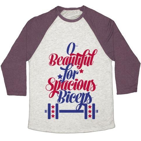 Virgin Teez  Baseball Tee Unisex Tri-Blend Baseball Tee / small / Oatmeal / Maroon O BEAUTIFUL, FOR SPACIOUS BICEPS UNISEX TRI-BLEND BASEBALL TEE