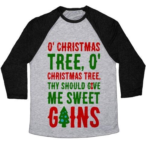 Virgin Teez  Baseball Tee Unisex Tri-Blend Baseball Tee / small / Athletic Gray / Black O' CHRISTMAS TREE THY SHOULD GIVE ME SWEET GAINS UNISEX TRI-BLEND BASEBALL TEE