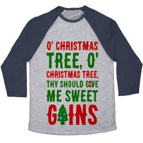 Virgin Teez  Baseball Tee Unisex Tri-Blend Baseball Tee / small / Athletic Gray / Navy O' CHRISTMAS TREE THY SHOULD GIVE ME SWEET GAINS UNISEX TRI-BLEND BASEBALL TEE