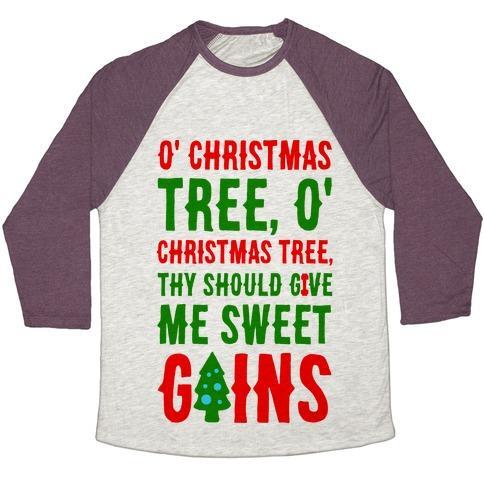 Virgin Teez  Baseball Tee Unisex Tri-Blend Baseball Tee / small / Oatmeal / Maroon O' CHRISTMAS TREE THY SHOULD GIVE ME SWEET GAINS UNISEX TRI-BLEND BASEBALL TEE