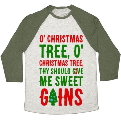 Virgin Teez  Baseball Tee Unisex Tri-Blend Baseball Tee / small / Oatmeal / Moss O' CHRISTMAS TREE THY SHOULD GIVE ME SWEET GAINS UNISEX TRI-BLEND BASEBALL TEE