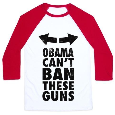Virgin Teez  Baseball Tee Unisex Classic Baseball Tee / x-small / White/Red OBAMA CAN'T BAN THESE GUNS UNISEX CLASSIC BASEBALL TEE