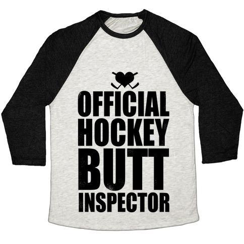 Virgin Teez  Baseball Tee Unisex Tri-Blend Baseball Tee / small / Oatmeal / Black OFFICIAL HOCKEY BUTT INSPECTOR UNISEX TRI-BLEND BASEBALL TEE