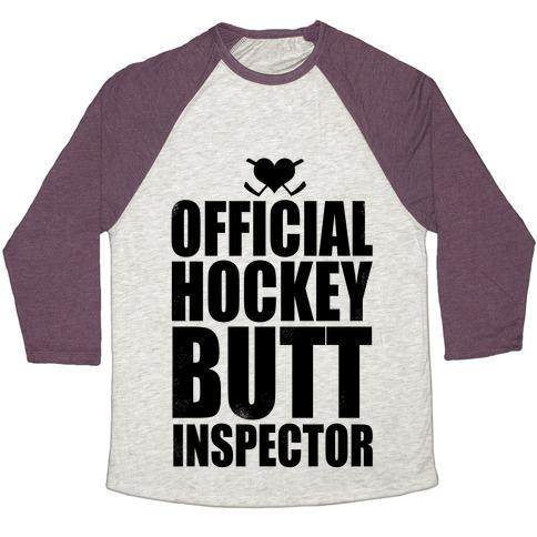 Virgin Teez  Baseball Tee Unisex Tri-Blend Baseball Tee / small / Oatmeal / Maroon OFFICIAL HOCKEY BUTT INSPECTOR UNISEX TRI-BLEND BASEBALL TEE