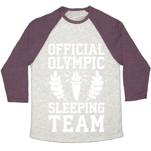 Virgin Teez  Baseball Tee Unisex Tri-Blend Baseball Tee / small / Oatmeal / Maroon OFFICIAL OLYMPIC SLEEPING TEAM UNISEX TRI-BLEND BASEBALL TEE