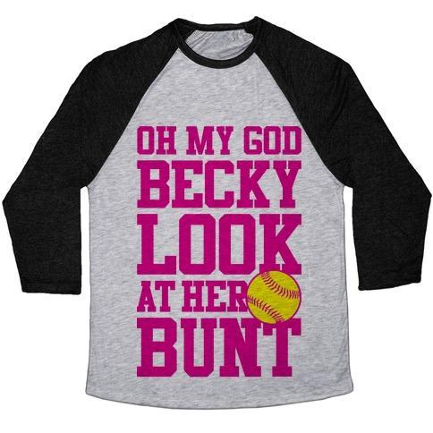 Virgin Teez  Baseball Tee Unisex Tri-Blend Baseball Tee / small / Athletic Gray / Black OH MY GOD BECKY LOOK AT HER BUNT UNISEX TRI-BLEND BASEBALL TEE