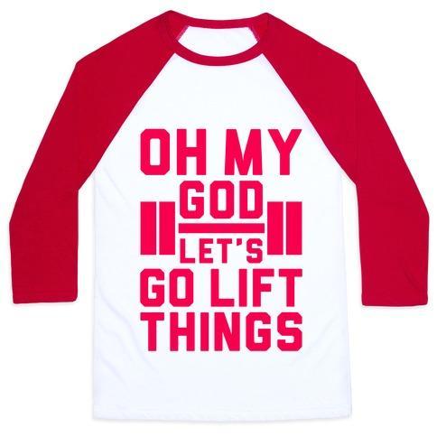 Virgin Teez  Baseball Tee Unisex Classic Baseball Tee / x-small / White/Red OH MY GOD LET'S GO LIFT THINGS UNISEX CLASSIC BASEBALL TEE