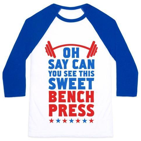 Virgin Teez  Baseball Tee Unisex Classic Baseball Tee / x-small / White/Blue OH SAY CAN YOU SEE THIS SWEET BENCH PRESS UNISEX CLASSIC BASEBALL TEE