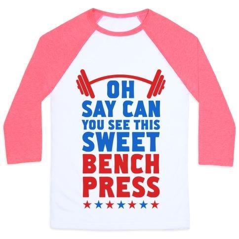Virgin Teez  Baseball Tee Unisex Classic Baseball Tee / x-small / White/Neon Pink OH SAY CAN YOU SEE THIS SWEET BENCH PRESS UNISEX CLASSIC BASEBALL TEE