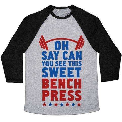 Virgin Teez  Baseball Tee Unisex Tri-Blend Baseball Tee / small / Athletic Gray / Black OH SAY CAN YOU SEE THIS SWEET BENCH PRESS UNISEX TRI-BLEND BASEBALL TEE