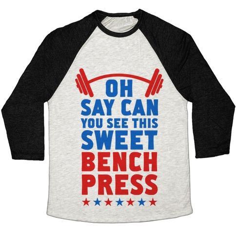 Virgin Teez  Baseball Tee Unisex Tri-Blend Baseball Tee / small / Oatmeal / Black OH SAY CAN YOU SEE THIS SWEET BENCH PRESS UNISEX TRI-BLEND BASEBALL TEE