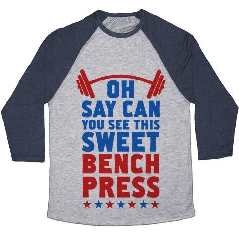 Virgin Teez  Baseball Tee Unisex Tri-Blend Baseball Tee / small / Athletic Gray / Navy OH SAY CAN YOU SEE THIS SWEET BENCH PRESS UNISEX TRI-BLEND BASEBALL TEE