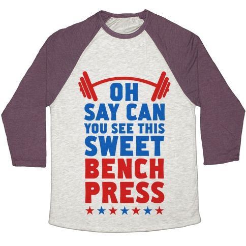 Virgin Teez  Baseball Tee Unisex Tri-Blend Baseball Tee / small / Oatmeal / Maroon OH SAY CAN YOU SEE THIS SWEET BENCH PRESS UNISEX TRI-BLEND BASEBALL TEE