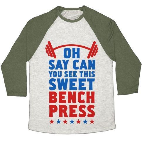 Virgin Teez  Baseball Tee Unisex Tri-Blend Baseball Tee / small / Oatmeal / Moss OH SAY CAN YOU SEE THIS SWEET BENCH PRESS UNISEX TRI-BLEND BASEBALL TEE