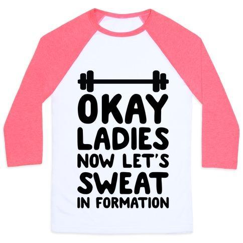 Virgin Teez  Baseball Tee Unisex Classic Baseball Tee / x-small / White/Neon Pink OKAY LADIES NOW LET'S SWEAT IN FORMATION UNISEX CLASSIC BASEBALL TEE