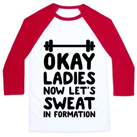 Virgin Teez  Baseball Tee Unisex Classic Baseball Tee / x-small / White/Red OKAY LADIES NOW LET'S SWEAT IN FORMATION UNISEX CLASSIC BASEBALL TEE