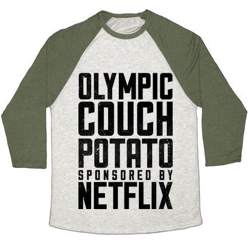 Virgin Teez  Baseball Tee Unisex Tri-Blend Baseball Tee / small / Oatmeal / Moss OLYMPIC COUCH POTATO UNISEX TRI-BLEND BASEBALL TEE