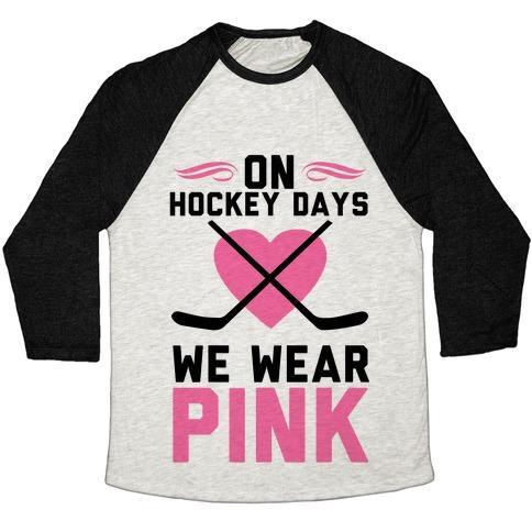 Virgin Teez  Baseball Tee Unisex Tri-Blend Baseball Tee / small / Oatmeal / Black ON HOCKEY DAYS WE WEAR PINK UNISEX TRI-BLEND BASEBALL TEE