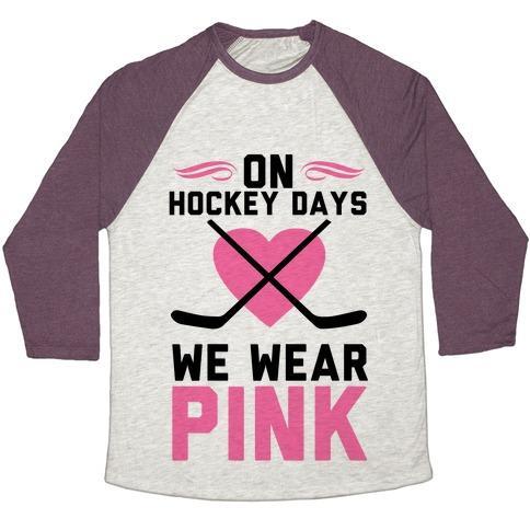 Virgin Teez  Baseball Tee Unisex Tri-Blend Baseball Tee / small / Oatmeal / Maroon ON HOCKEY DAYS WE WEAR PINK UNISEX TRI-BLEND BASEBALL TEE