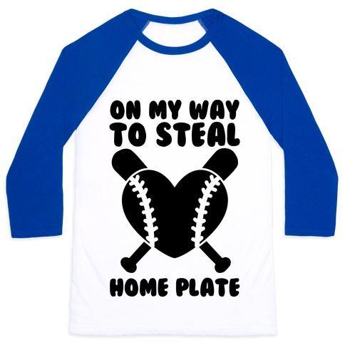 Virgin Teez  Baseball Tee Unisex Classic Baseball Tee / x-small / White/Blue ON MY WAY TO STEAL HOME PLATE UNISEX CLASSIC BASEBALL TEE