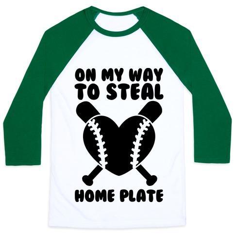 Virgin Teez  Baseball Tee Unisex Classic Baseball Tee / x-small / White/Dark Green ON MY WAY TO STEAL HOME PLATE UNISEX CLASSIC BASEBALL TEE
