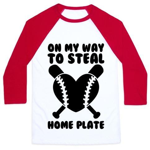 Virgin Teez  Baseball Tee Unisex Classic Baseball Tee / x-small / White/Red ON MY WAY TO STEAL HOME PLATE UNISEX CLASSIC BASEBALL TEE