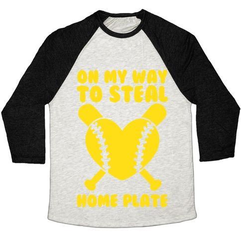 Virgin Teez  Baseball Tee Unisex Tri-Blend Baseball Tee / small / Oatmeal / Black ON MY WAY TO STEAL HOME PLATE UNISEX TRI-BLEND BASEBALL TEE