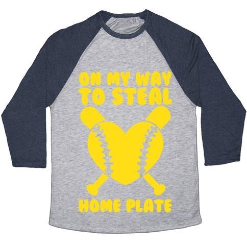 Virgin Teez  Baseball Tee Unisex Tri-Blend Baseball Tee / small / Athletic Gray / Navy ON MY WAY TO STEAL HOME PLATE UNISEX TRI-BLEND BASEBALL TEE