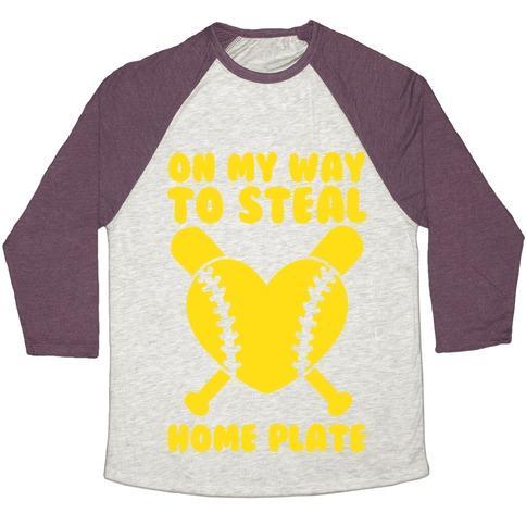 Virgin Teez  Baseball Tee Unisex Tri-Blend Baseball Tee / small / Oatmeal / Maroon ON MY WAY TO STEAL HOME PLATE UNISEX TRI-BLEND BASEBALL TEE