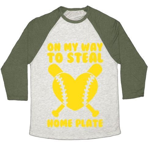 Virgin Teez  Baseball Tee Unisex Tri-Blend Baseball Tee / small / Oatmeal / Moss ON MY WAY TO STEAL HOME PLATE UNISEX TRI-BLEND BASEBALL TEE