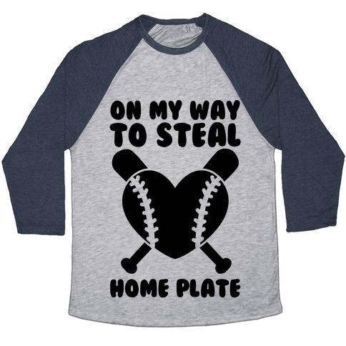 Virgin Teez  Baseball Tee Unisex Tri-Blend Baseball Tee / small / Athletic Gray / Navy ON MY WAY TO STEAL HOME PLATE UNISEX TRI-BLEND BASEBALL TEE