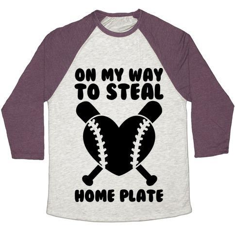 Virgin Teez  Baseball Tee Unisex Tri-Blend Baseball Tee / small / Oatmeal / Maroon ON MY WAY TO STEAL HOME PLATE UNISEX TRI-BLEND BASEBALL TEE