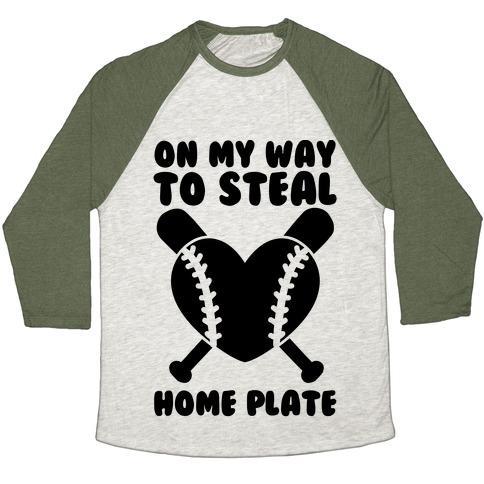Virgin Teez  Baseball Tee Unisex Tri-Blend Baseball Tee / small / Oatmeal / Moss ON MY WAY TO STEAL HOME PLATE UNISEX TRI-BLEND BASEBALL TEE