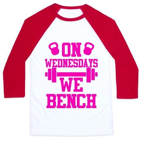 Virgin Teez  Baseball Tee Unisex Classic Baseball Tee / x-small / White/Red ON WEDNESDAYS WE BENCH UNISEX CLASSIC BASEBALL TEE