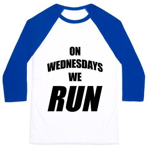 Virgin Teez  Baseball Tee Unisex Classic Baseball Tee / x-small / White/Blue ON WEDNESDAYS WE RUN UNISEX CLASSIC BASEBALL TEE