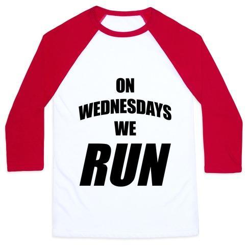 Virgin Teez  Baseball Tee Unisex Classic Baseball Tee / x-small / White/Red ON WEDNESDAYS WE RUN UNISEX CLASSIC BASEBALL TEE