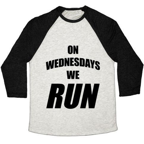 Virgin Teez  Baseball Tee Unisex Tri-Blend Baseball Tee / small / Oatmeal / Black ON WEDNESDAYS WE RUN UNISEX TRI-BLEND BASEBALL TEE