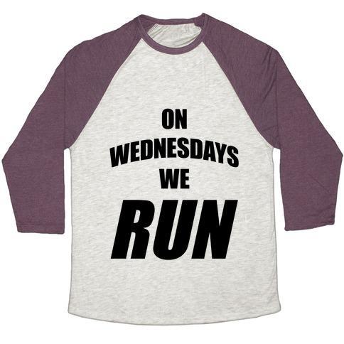 Virgin Teez  Baseball Tee Unisex Tri-Blend Baseball Tee / small / Oatmeal / Maroon ON WEDNESDAYS WE RUN UNISEX TRI-BLEND BASEBALL TEE