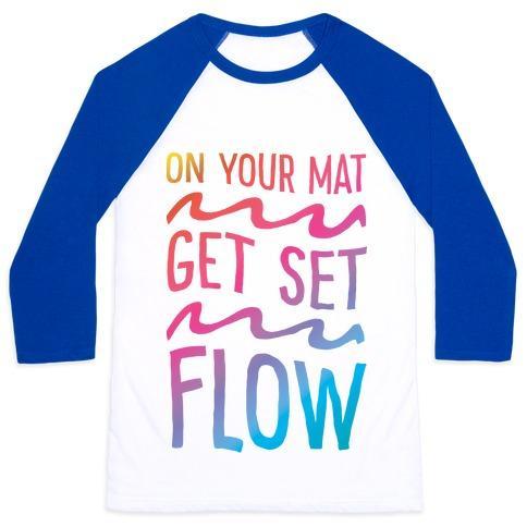 Virgin Teez  Baseball Tee Unisex Classic Baseball Tee / x-small / White/Blue ON YOUR MAT GET SET FLOW YOGA UNISEX CLASSIC BASEBALL TEE