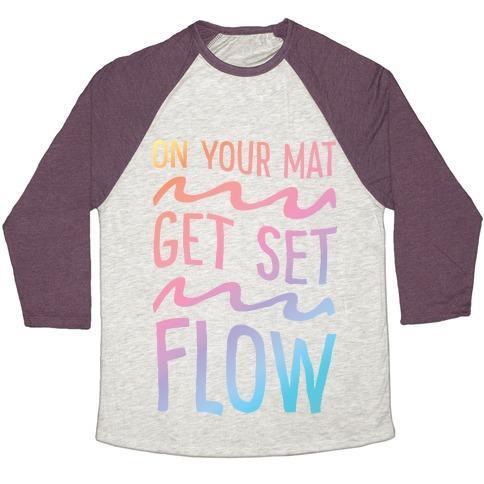 Virgin Teez  Baseball Tee Unisex Tri-Blend Baseball Tee / small / Oatmeal / Maroon ON YOUR MAT GET SET FLOW YOGA UNISEX TRI-BLEND BASEBALL TEE