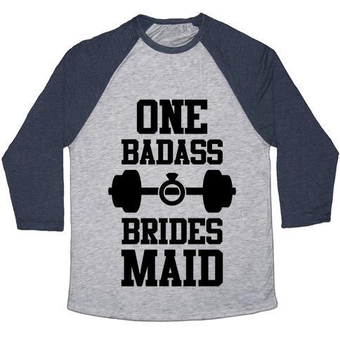 Virgin Teez  Baseball Tee Unisex Tri-Blend Baseball Tee / small / Athletic Gray / Navy ONE BADASS BRIDESMAID UNISEX TRI-BLEND BASEBALL TEE